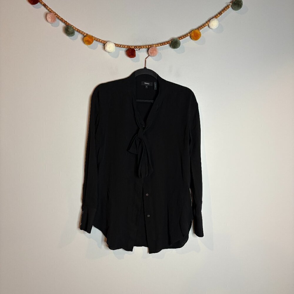 Theory black silk tie collar button down blouse